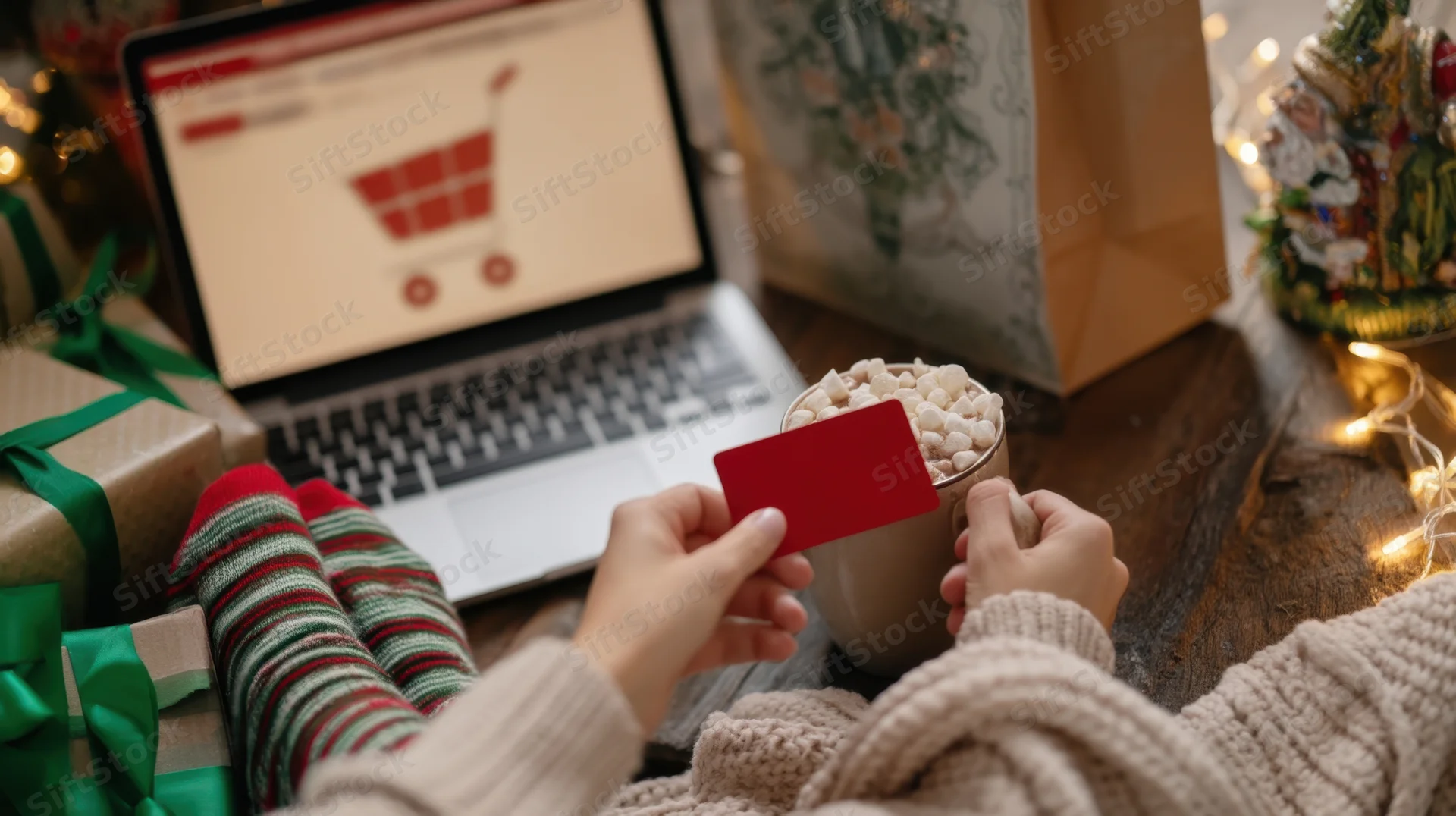 Woman holding credit card and mug while shopping online on laptop surrounded by christmas gifts and lights