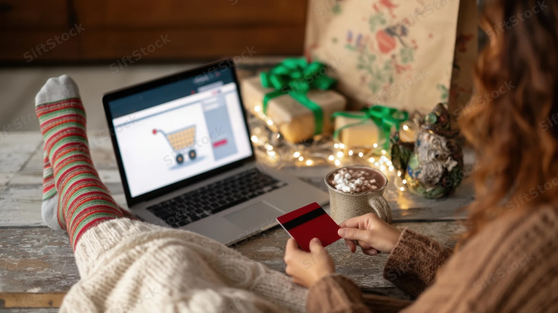 Woman relaxing at home with laptop and credit card, surrounded by holiday gifts and decorations, holding mug of hot chocolate