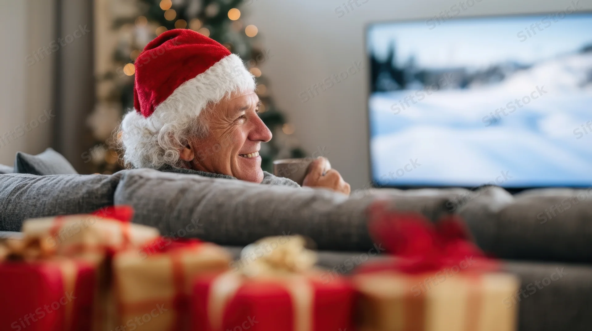Senior man wearing santa hat smiling while lying on couch watching tv with gifts nearby