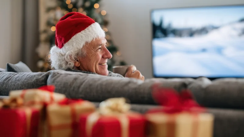 Senior man wearing santa hat smiling while lying on couch watching tv with gifts nearby