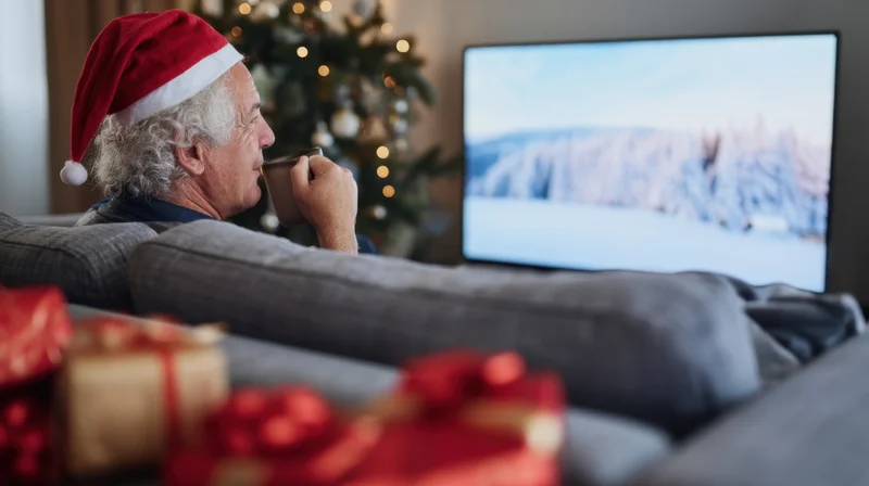 Senior man wearing santa hat sipping from mug while watching winter landscape on tv in living room with christmas tree and gifts nearby