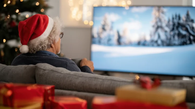 Senior man wearing santa hat watching winter scene on television in living room with gifts and christmas tree