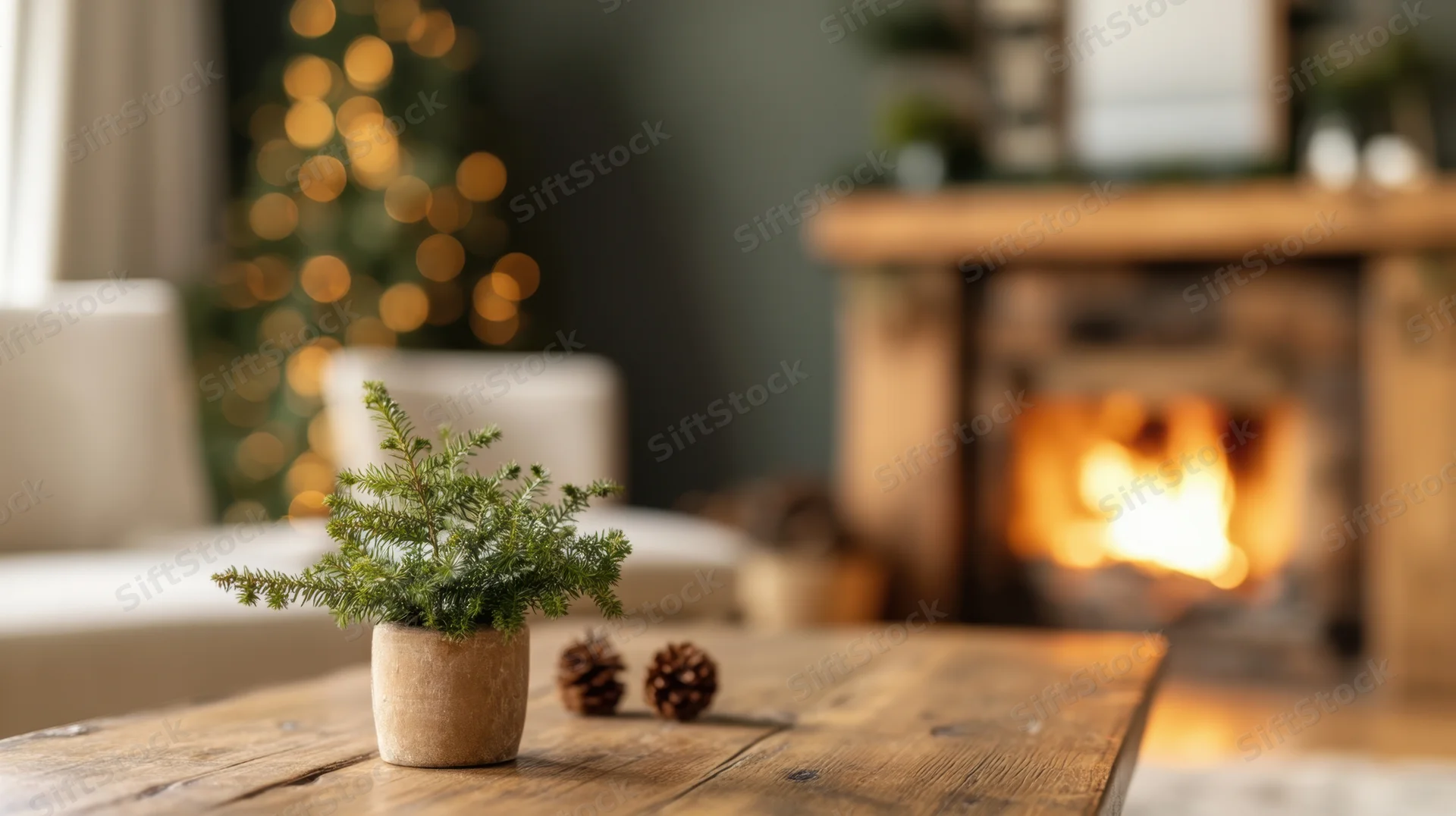 Small pine plant and pinecones on wooden table in front of lit fireplace with blurred christmas tree in background