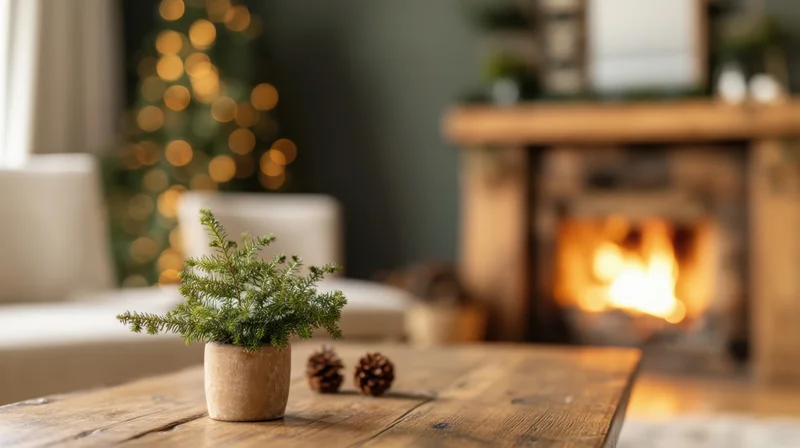 Small pine plant and pinecones on wooden table in front of lit fireplace with blurred christmas tree in background
