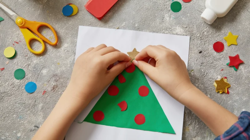 Child’s hands assembling a paper christmas tree decoration on a craft table