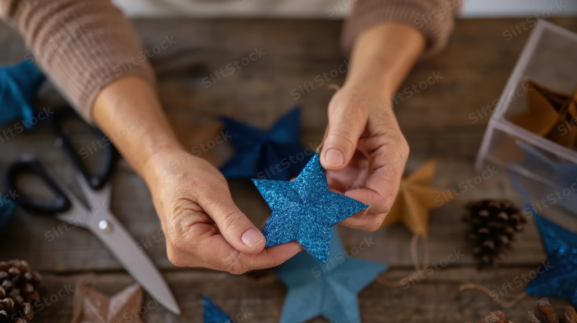 Hands holding a glittery blue star decoration over a wooden table with crafting supplies and pinecones