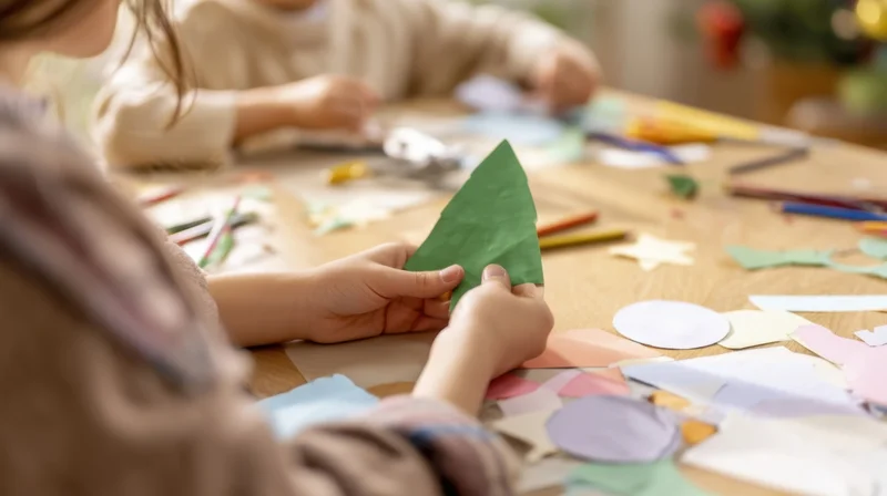 Children crafting with green paper shapes at a wooden table during an art activity
