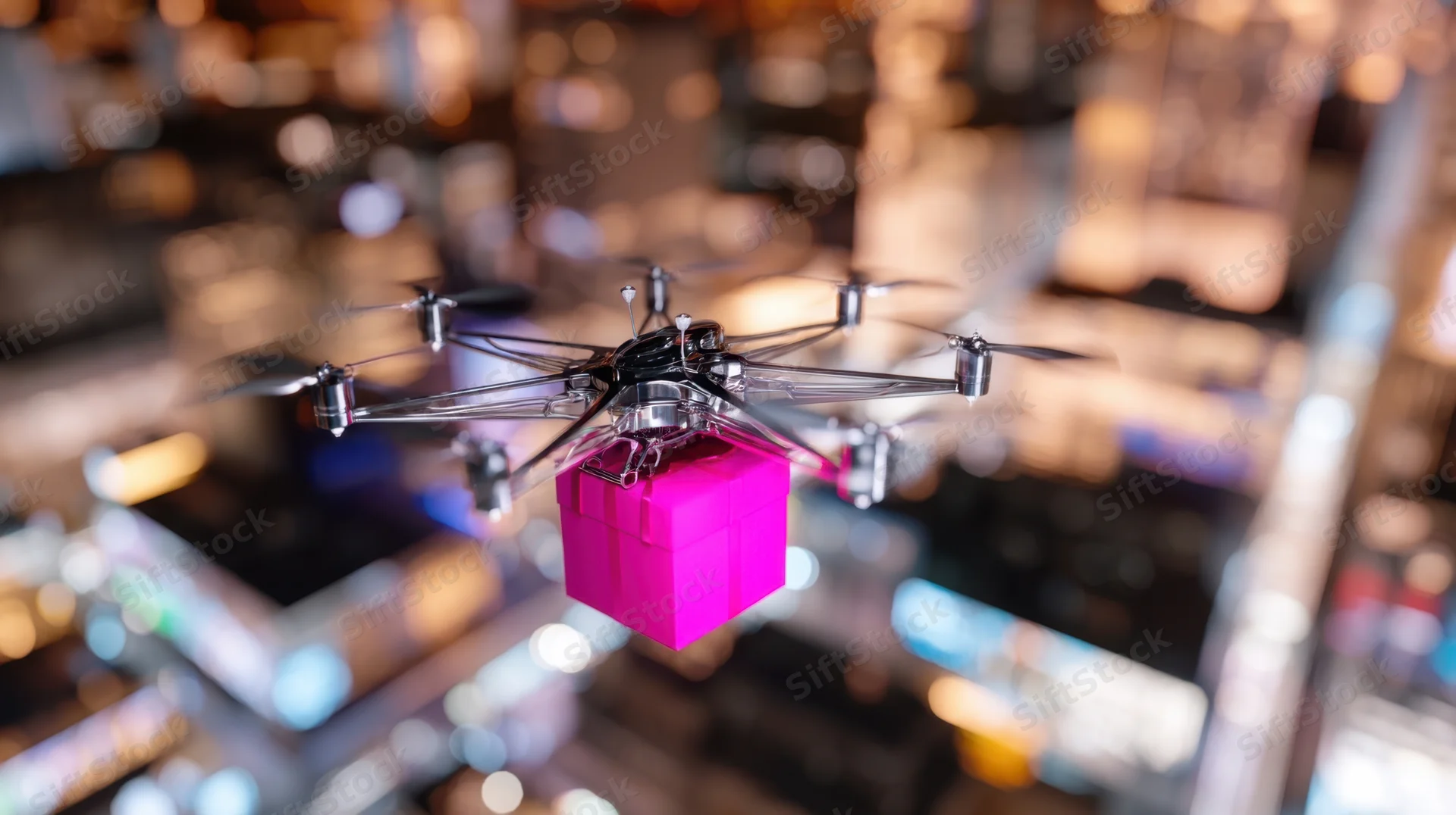 Drone carrying a pink gift box over a city at night
