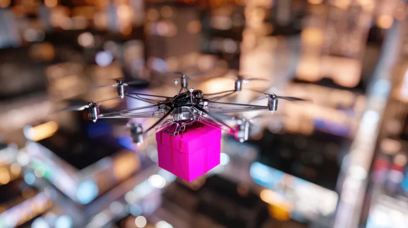 Drone carrying a pink gift box over a city at night
