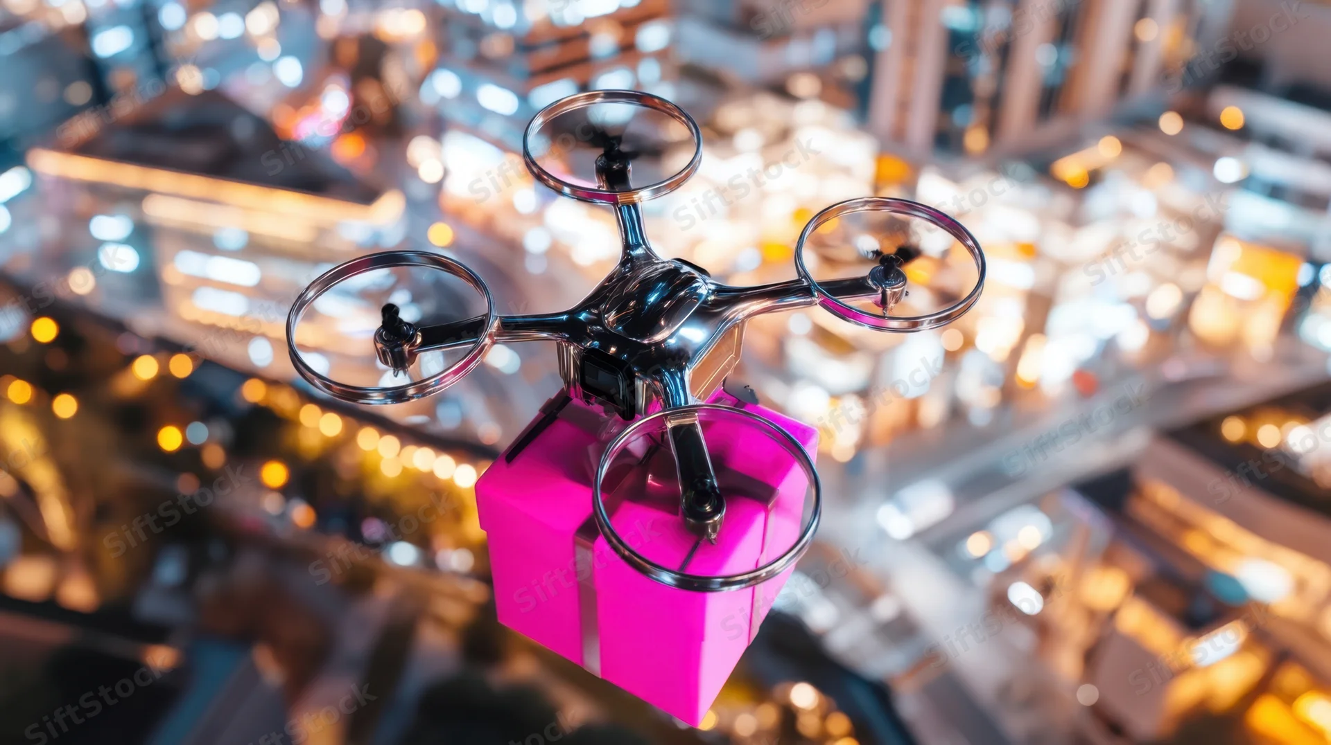 Drone carrying a pink gift box over a city at night