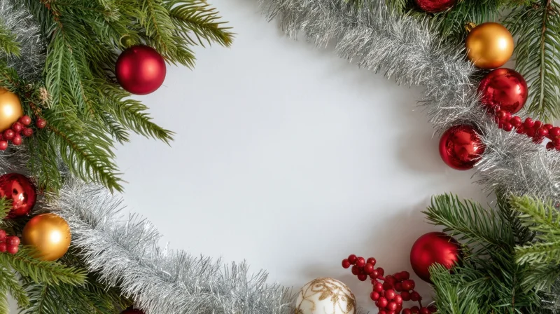 Christmas decorations arranged in a circular frame on white background with copyspace