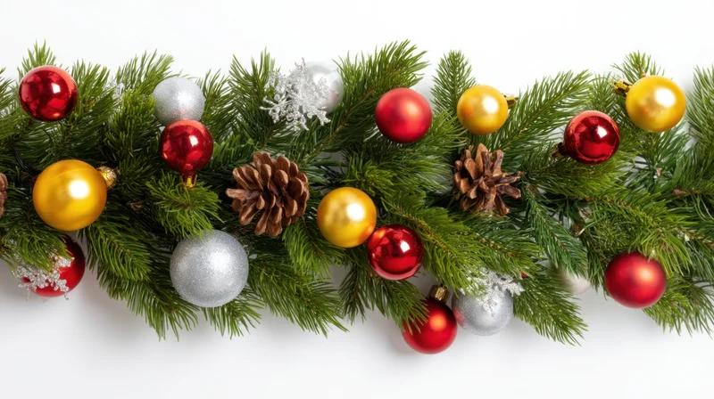 Christmas garland with red gold and silver ornaments and pinecones on white background