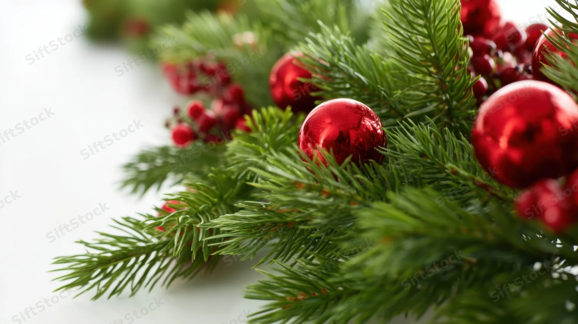 Close-up of a christmas garland with red ornaments and pine branches on a white surface