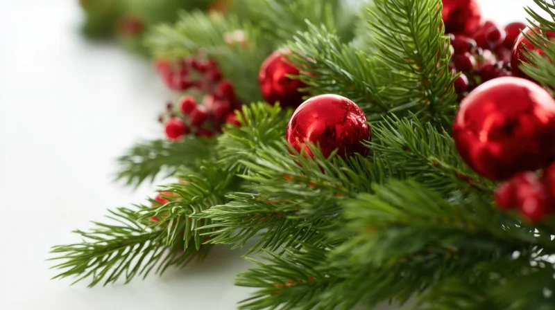 Close-up of a christmas garland with red ornaments and pine branches on a white surface