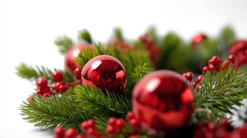 Christmas garland with red ornaments and pine branches on white background