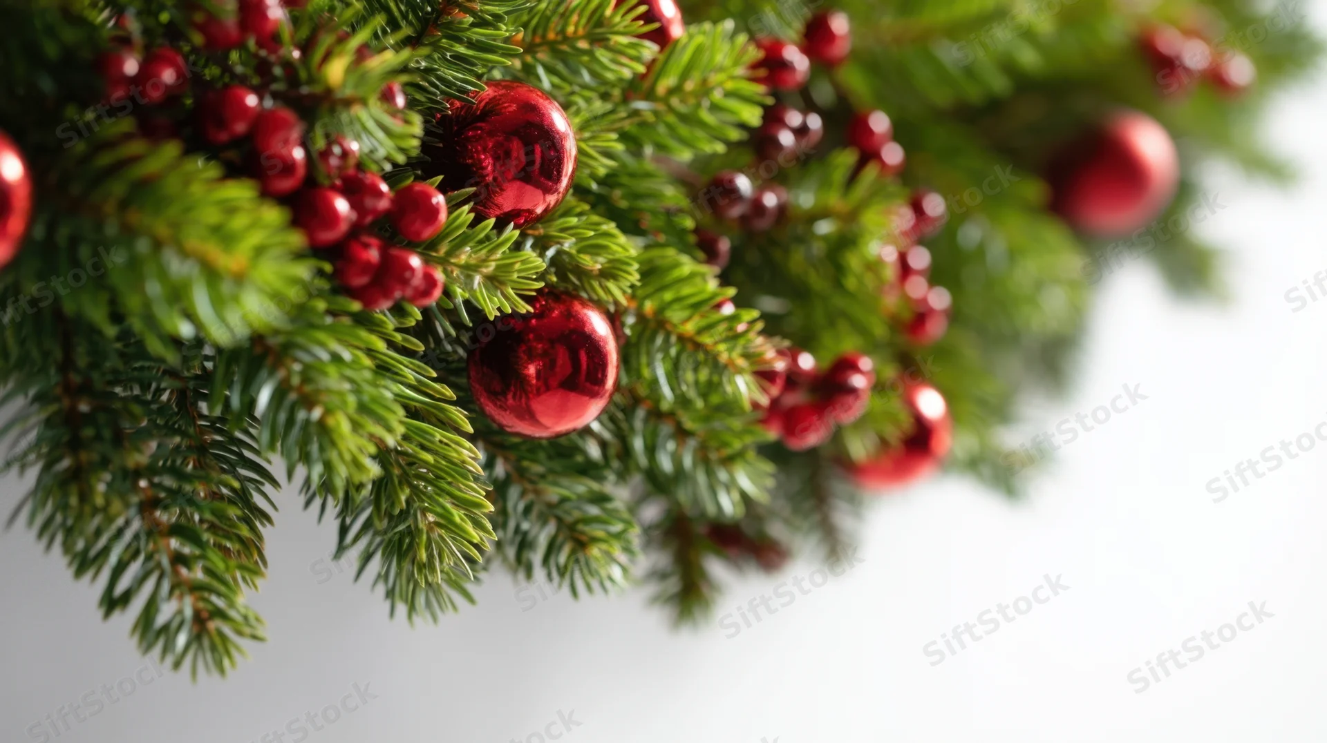 Close-up of a christmas garland with red ornaments and pine branches against a white background