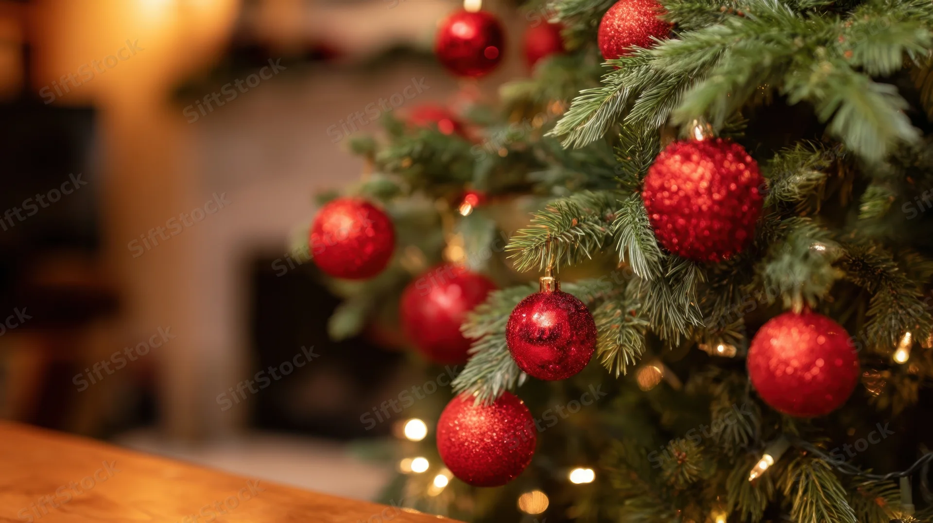 Close-up of red glitter ornaments and warm lights on a christmas tree in a cozy living room with fireplace in background