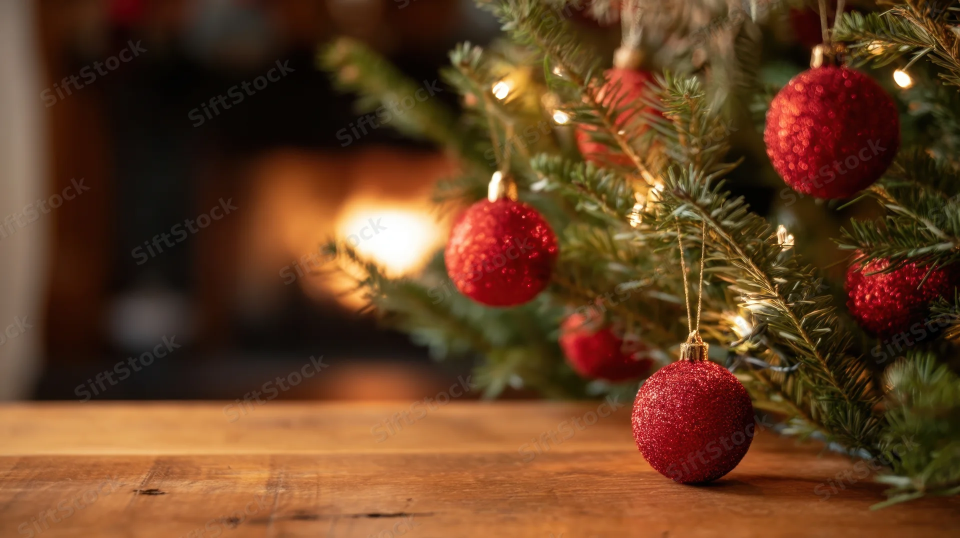 Christmas tree branches with red glitter ornaments and warm lights over wooden table