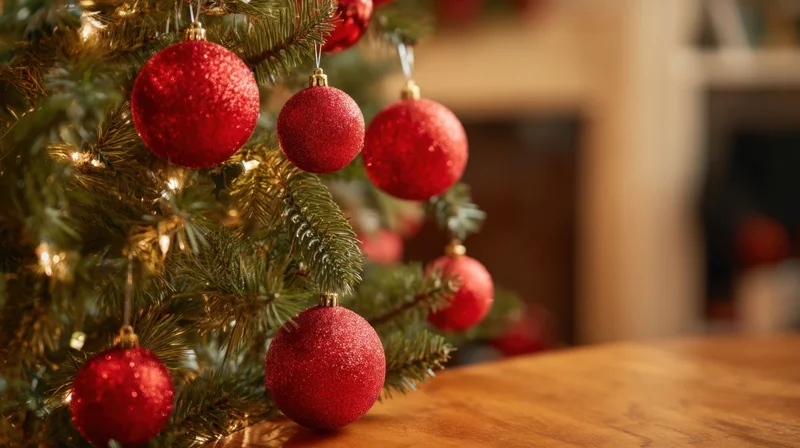 Close-up of red glitter ornaments hanging on a christmas tree branch near a wooden table