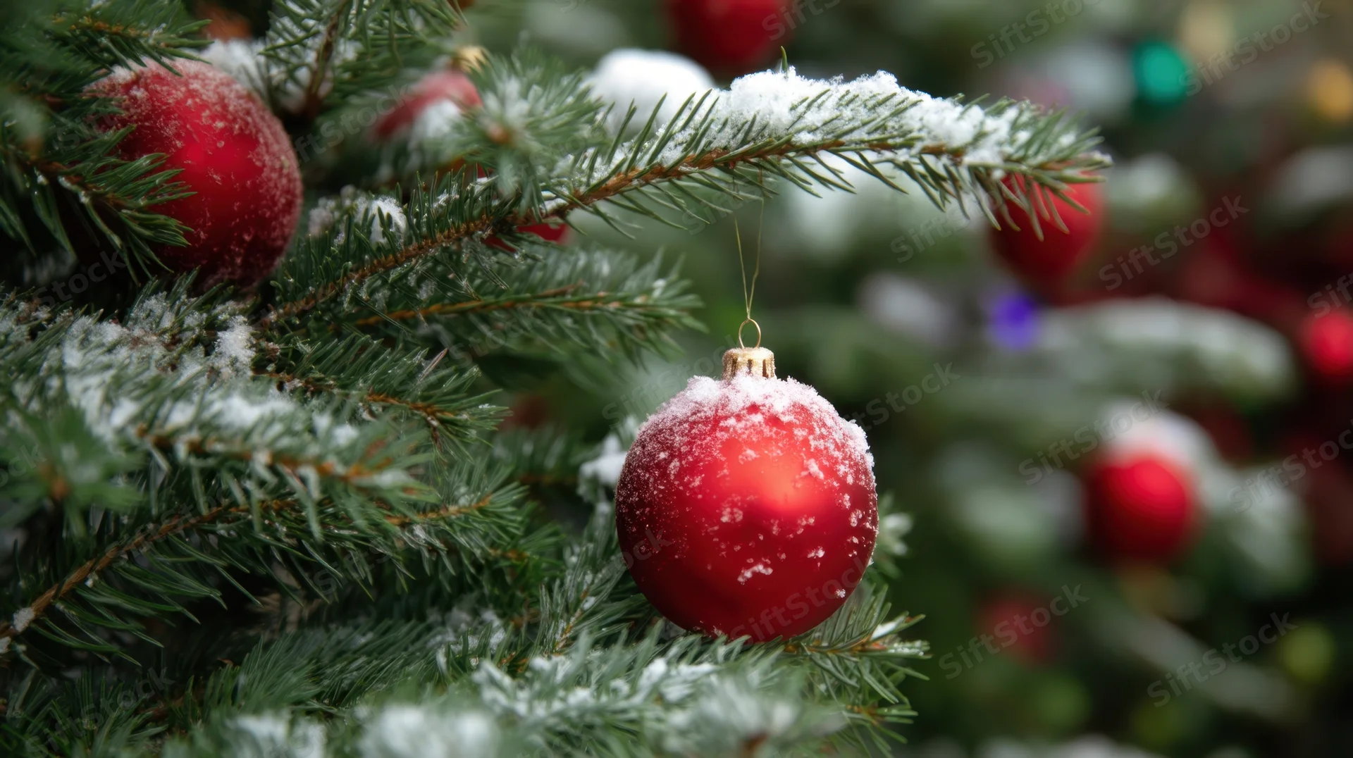 Red ornament hanging on snow-dusted pine tree branch during christmas holiday