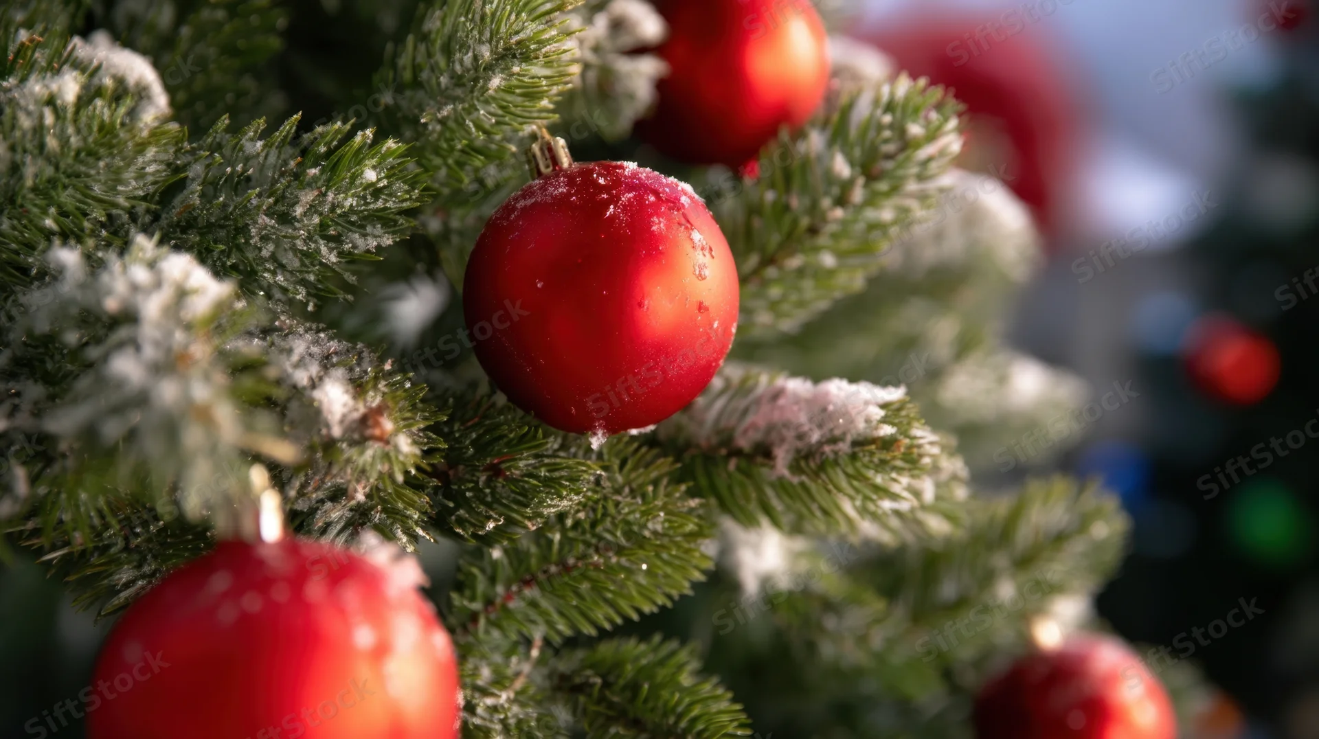 Red ornaments hanging on a snow-dusted pine tree branch outdoors