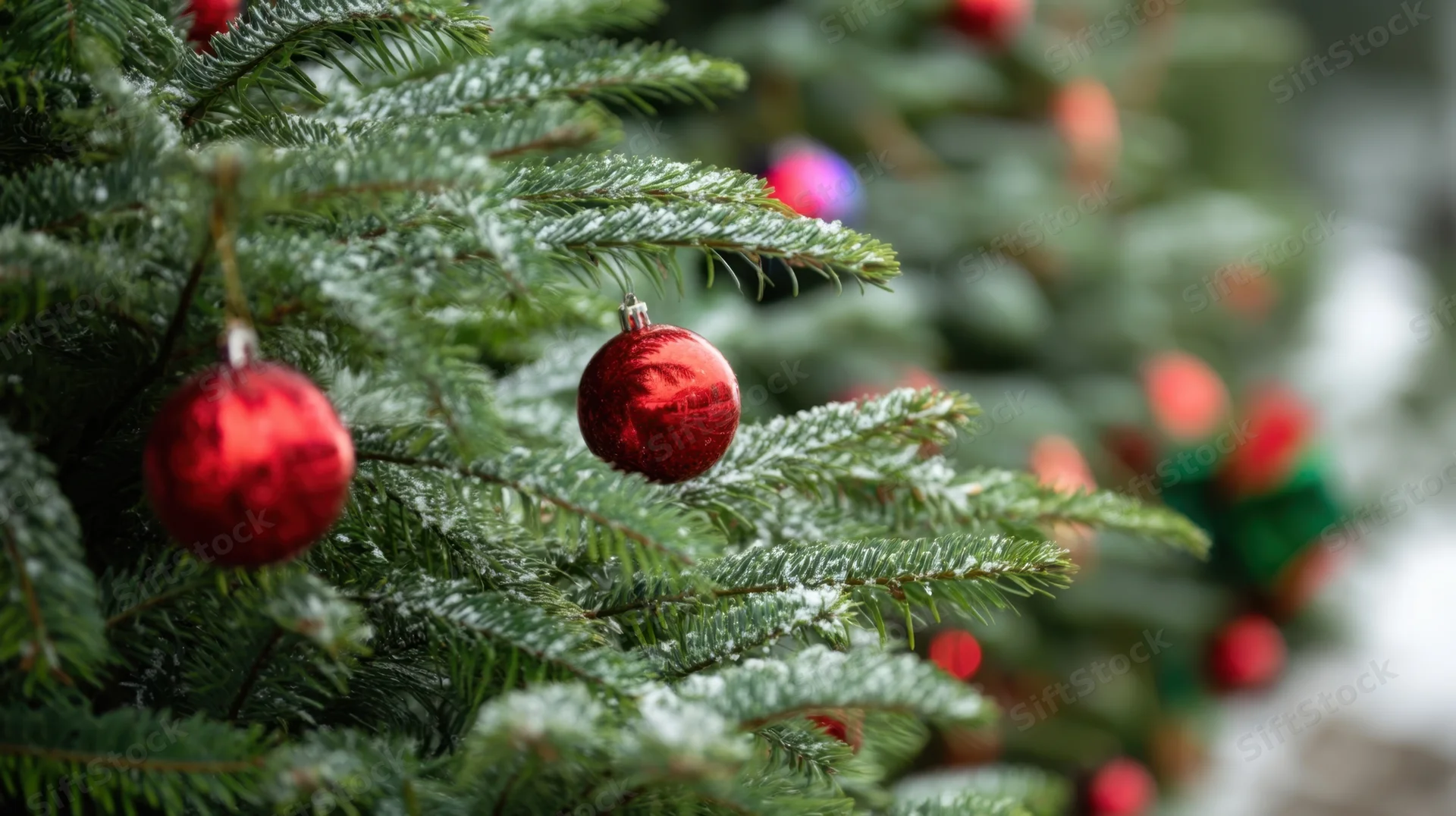 Close-up of red ornaments hanging on snow-dusted pine tree branches outdoors