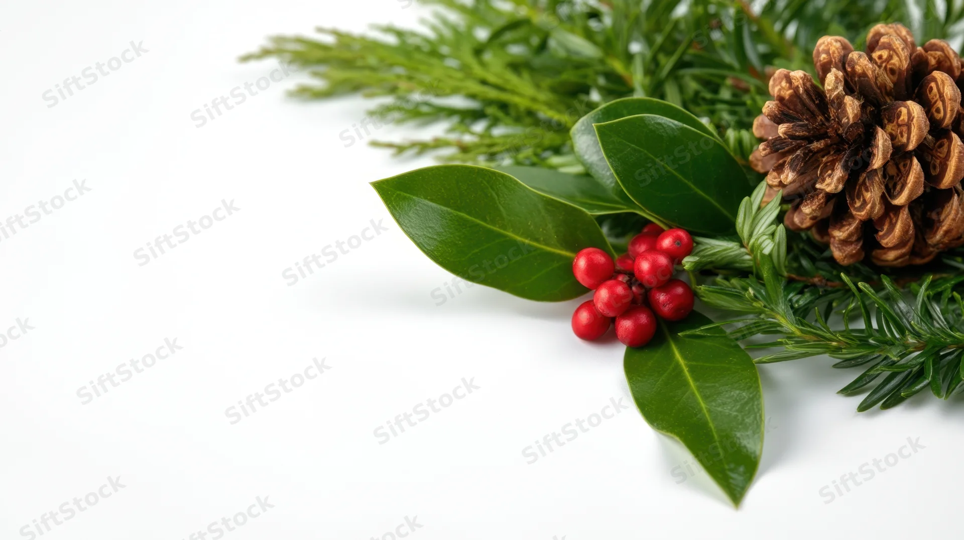 Holly leaves with red berries and a pinecone arranged on a white background with copyspace