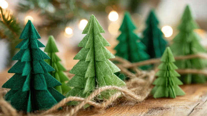 Origami paper trees arranged on a wooden surface with twine and blurred festive lights behind