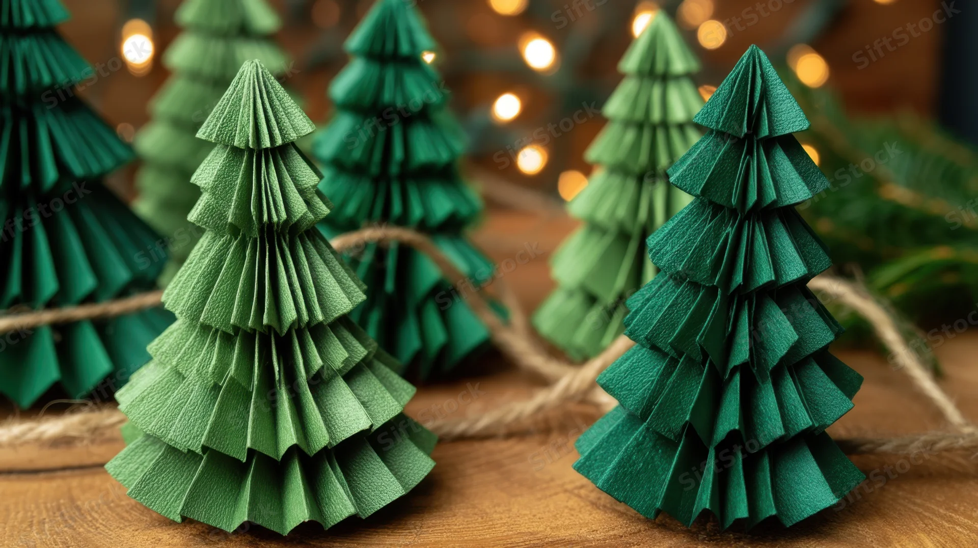 Origami paper christmas trees arranged on a wooden table with twine and blurred lights in the background