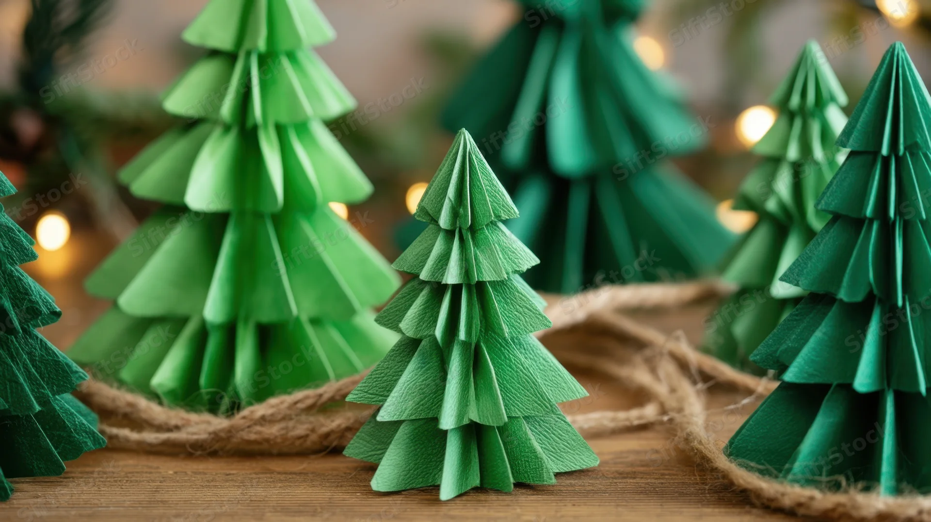 Origami paper trees arranged on a wooden surface with twine and warm bokeh lights in the background