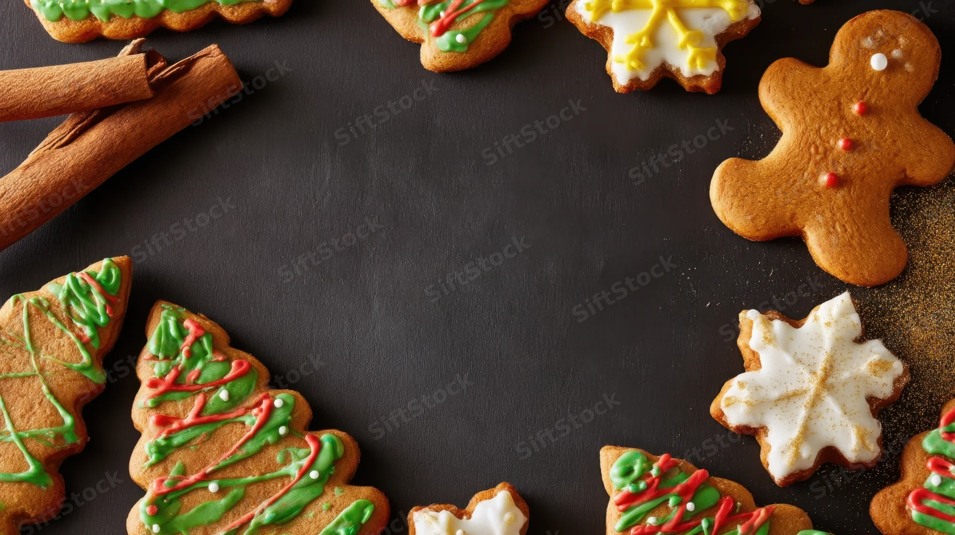 Decorated gingerbread cookies arranged around a dark surface with cinnamon sticks and copyspace in center