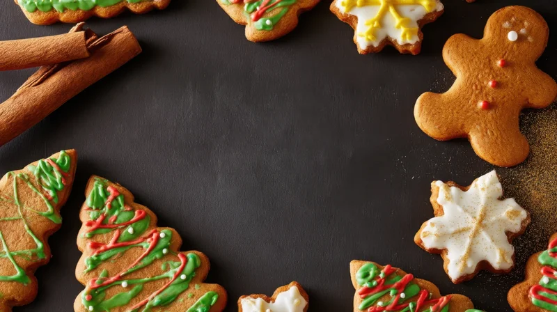 Decorated gingerbread cookies arranged around a dark surface with cinnamon sticks and copyspace in center