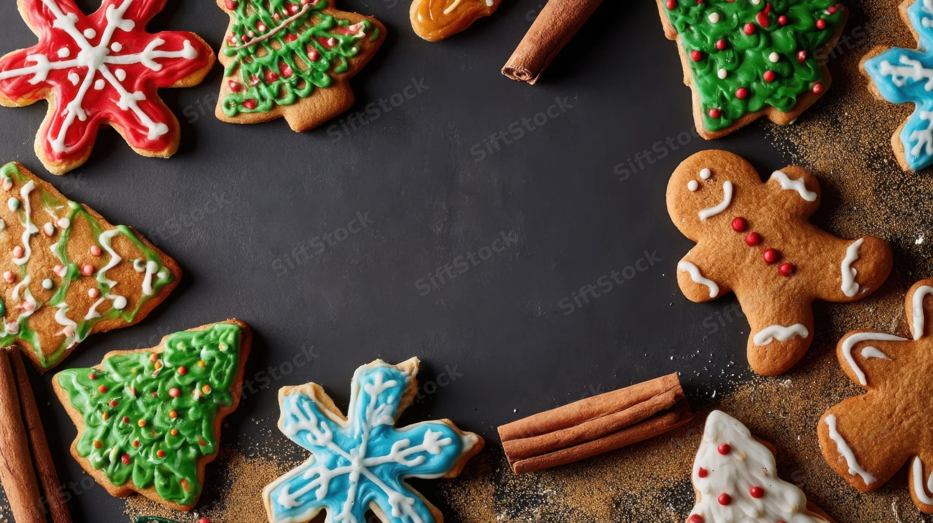 Decorated gingerbread cookies arranged around a dark surface with cinnamon sticks and copyspace in center