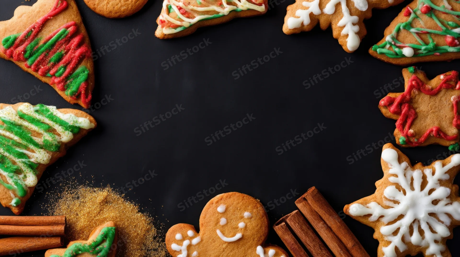 Decorated gingerbread cookies arranged in a festive border on dark surface with cinnamon sticks and sugar, copyspace in center