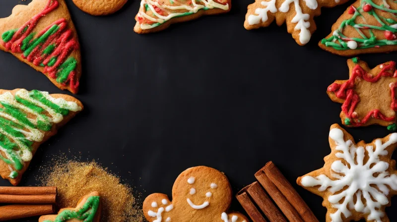 Decorated gingerbread cookies arranged in a festive border on dark surface with cinnamon sticks and sugar, copyspace in center