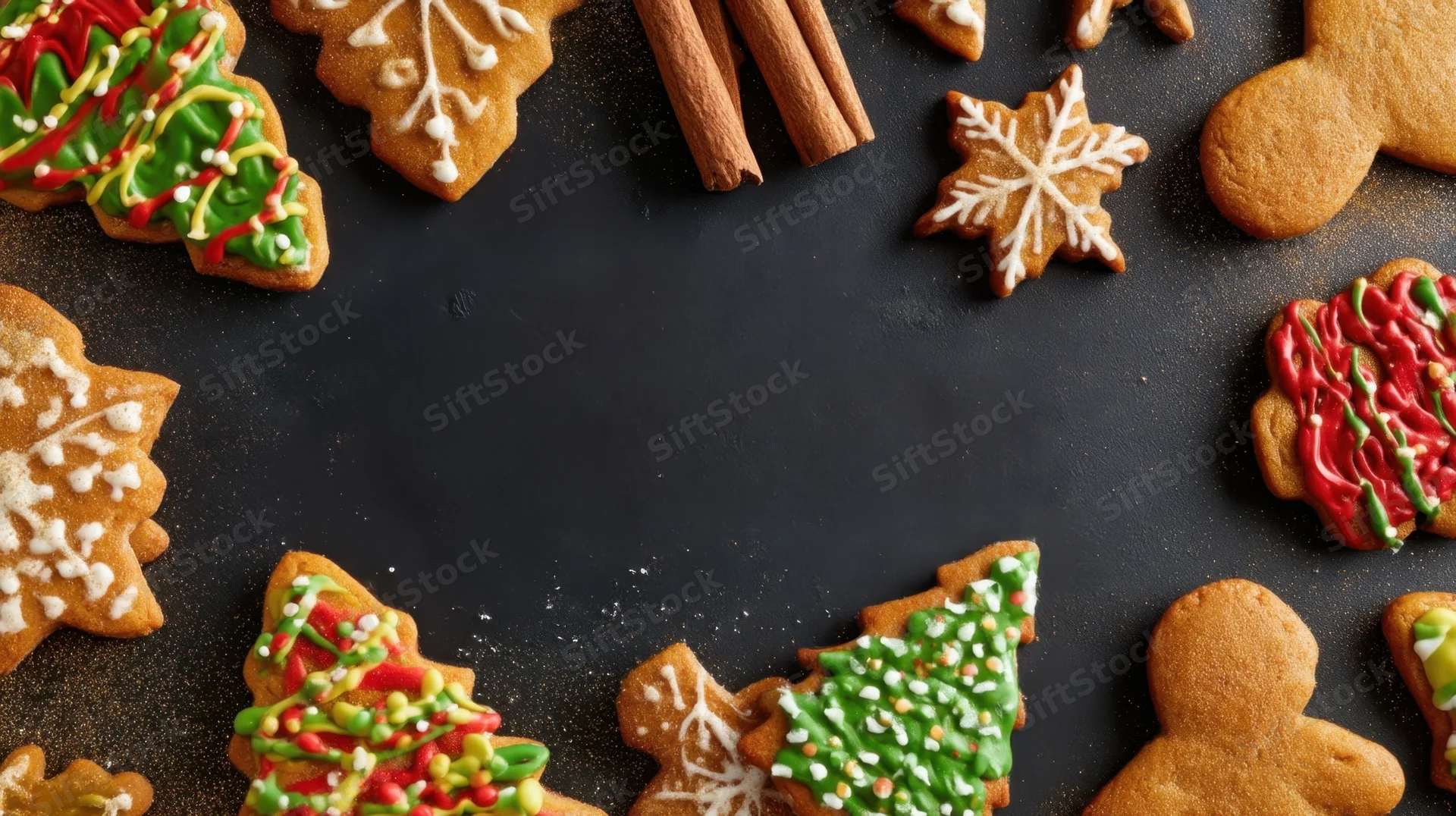 Decorated gingerbread cookies arranged around a dark surface with cinnamon sticks and copyspace in center