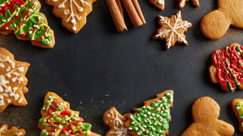 Decorated gingerbread cookies arranged around a dark surface with cinnamon sticks and copyspace in center