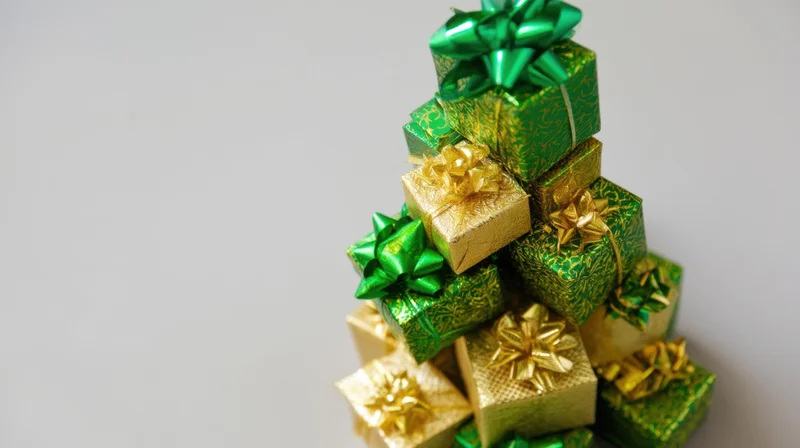 Gift boxes stacked in a tree shape on a plain background