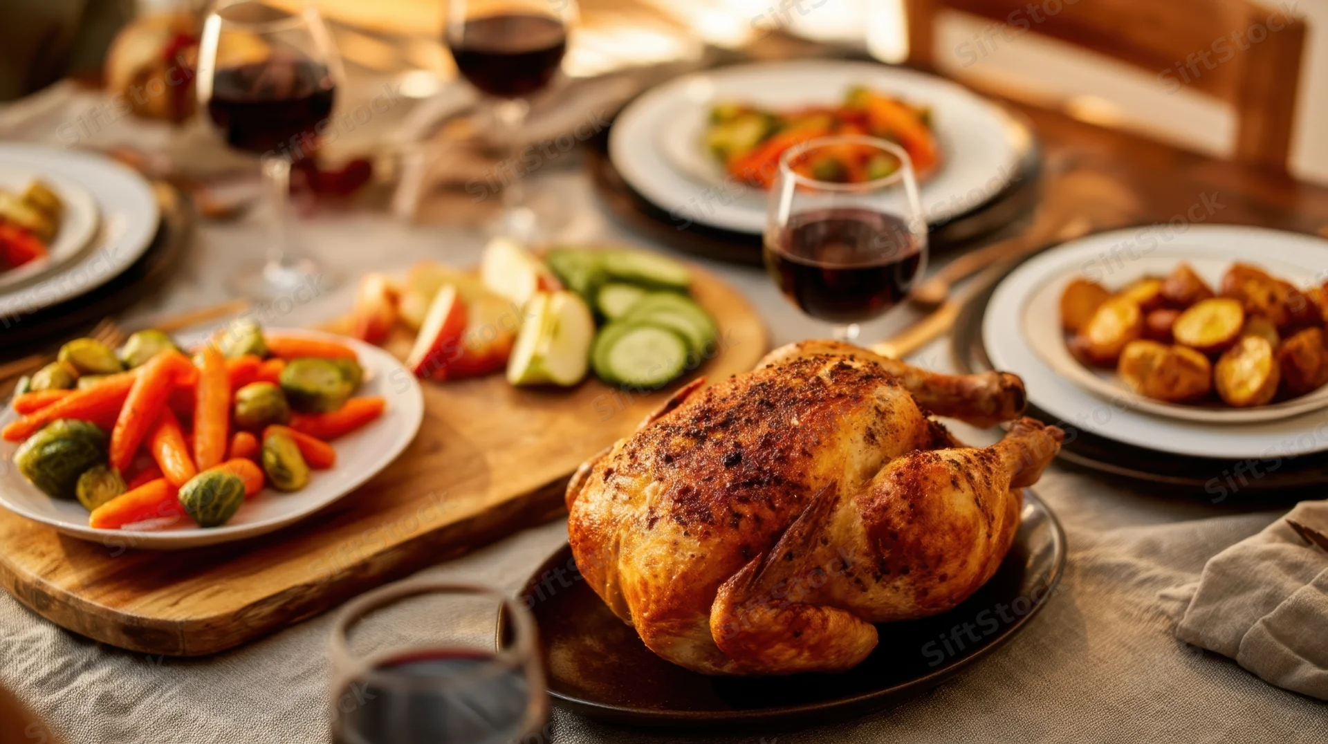Roasted chicken on a dining table surrounded by side dishes and wine glasses during a festive meal