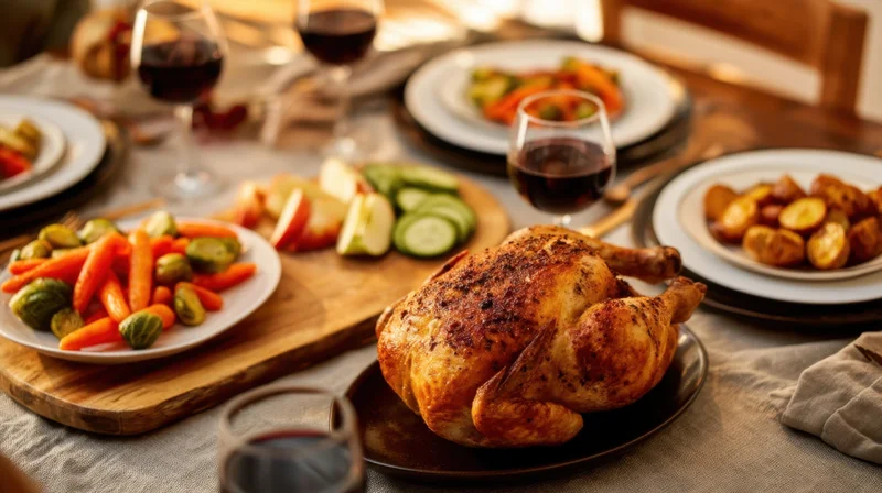 Roasted chicken on a dining table surrounded by side dishes and wine glasses during a festive meal