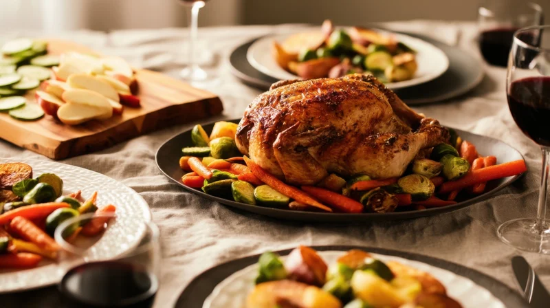 Roasted chicken surrounded by vegetables and wine on a set dining table for a festive meal
