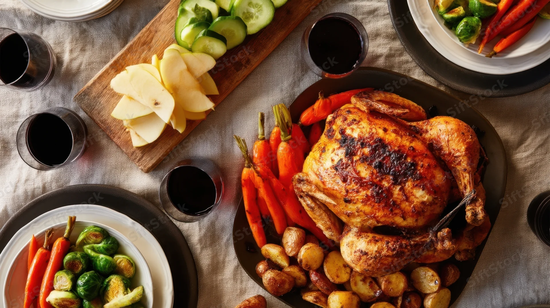 Roasted turkey with vegetables and potatoes on a dining table surrounded by plates and glasses