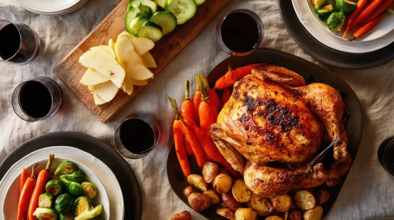 Roasted turkey with vegetables and potatoes on a dining table surrounded by plates and glasses