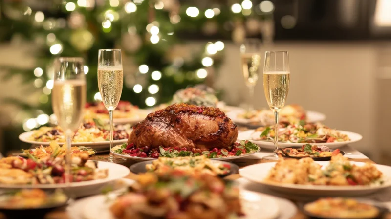 Roasted turkey and champagne glasses on a festive dinner table with christmas tree lights in background