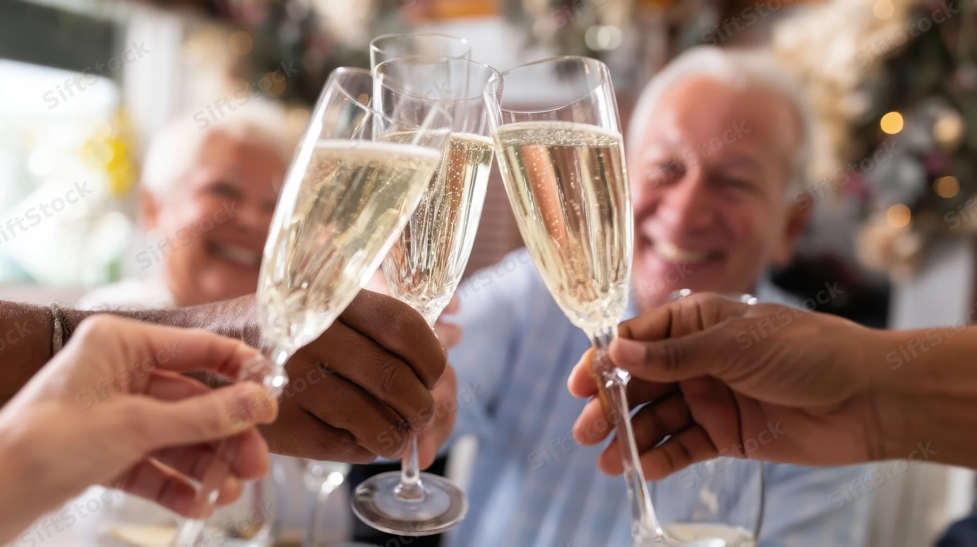 Hands holding champagne glasses toasting in front of smiling elderly couple at festive holiday gathering