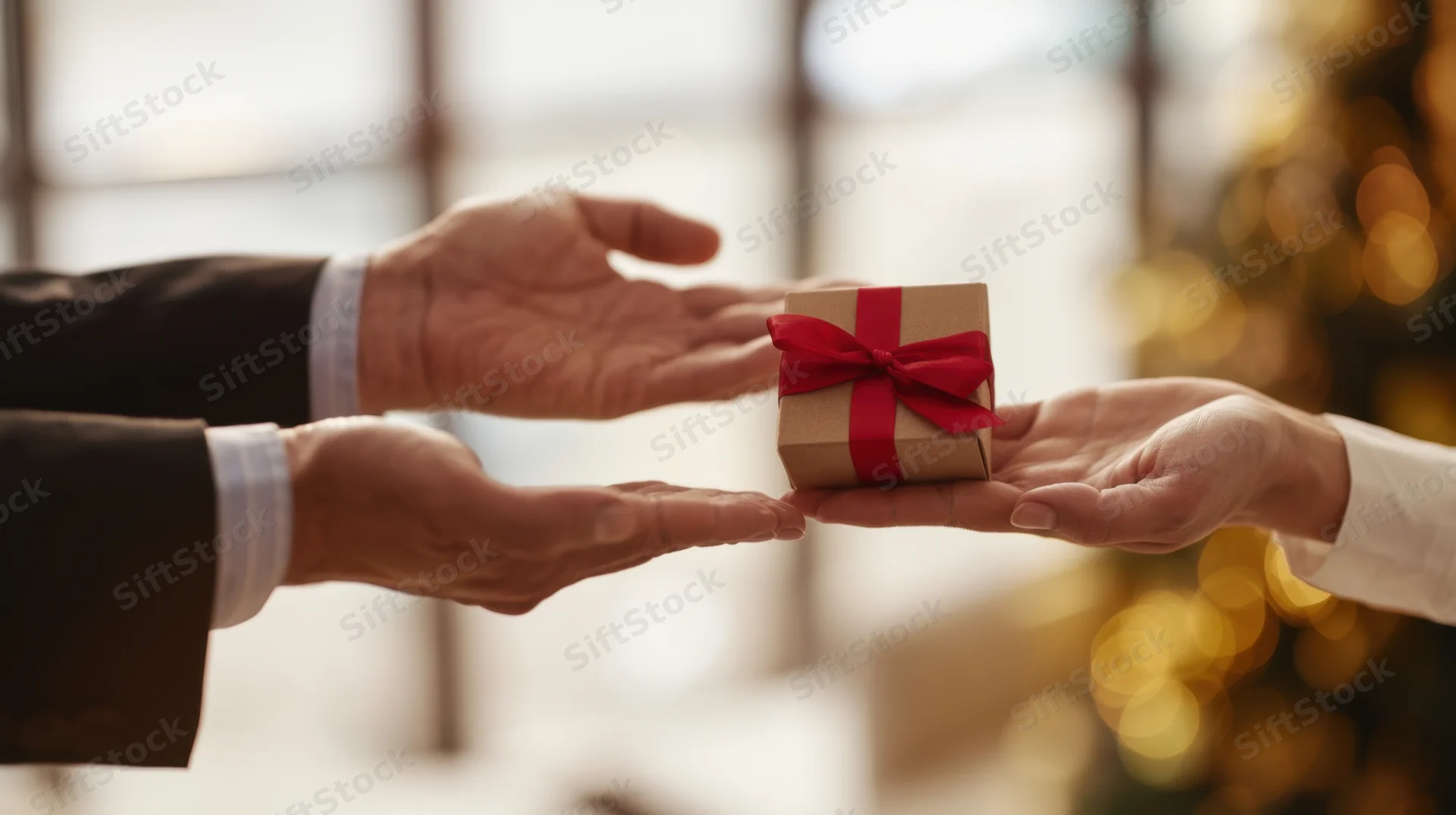 Hands exchanging a small wrapped gift in an office setting with festive lights in the background
