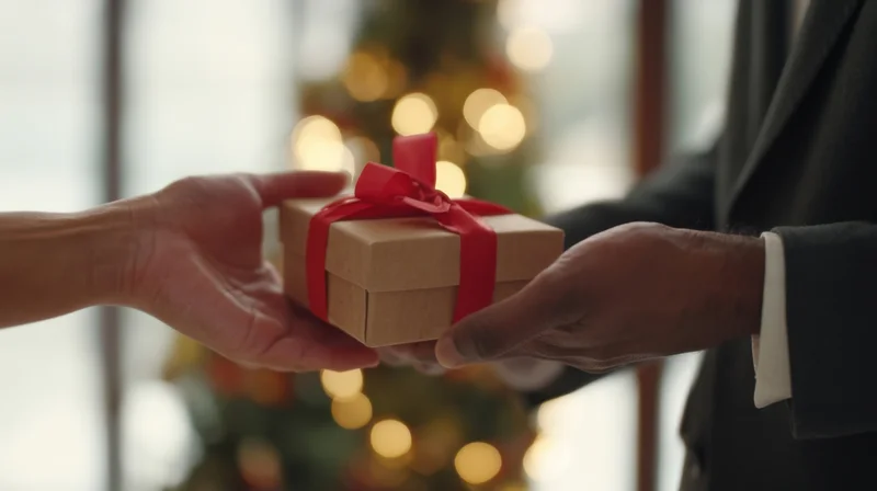Hands exchanging a small wrapped gift with red ribbon in front of a blurred christmas tree