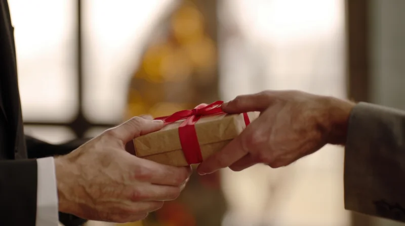 Two men exchanging a small wrapped gift with red ribbon indoors during a festive occasion