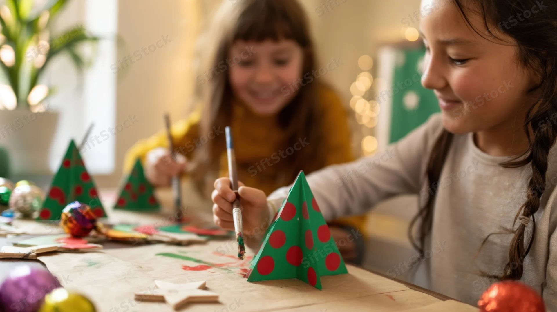 Two young girls painting paper christmas trees at a craft table indoors