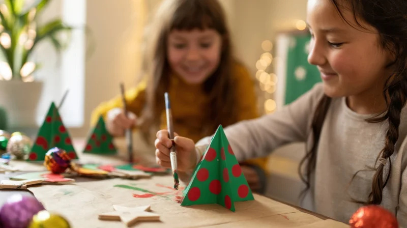Two young girls painting paper christmas trees at a craft table indoors